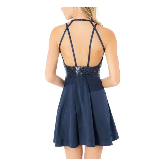 SPEECHLESS Womens Fit + Flare Mini Dress Navy Spaghetti Strap Party Juniors 17 - Picture 2 of 4